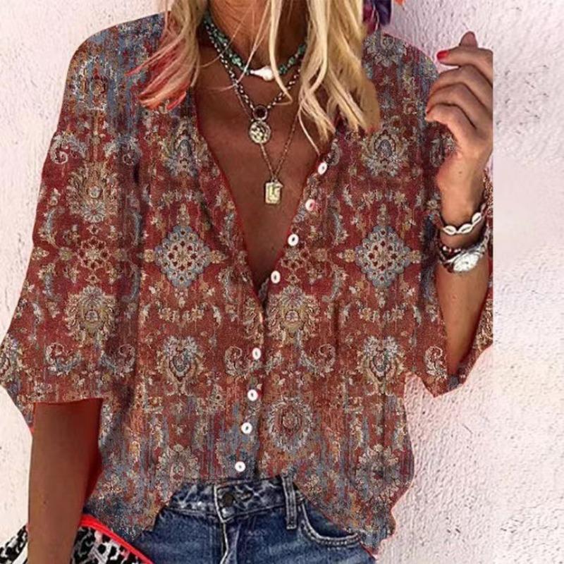Summer Fashion Stand Up Collar Loose Button Retro Printed Casual Seven Inch Sleeves Women's Blouses & Shirts