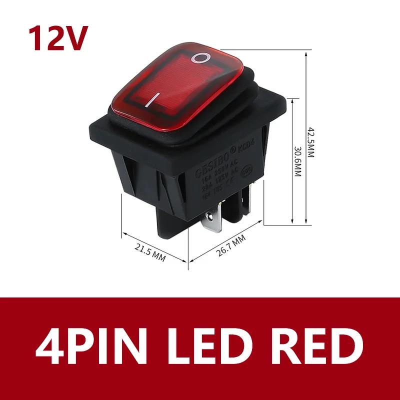 5PCS KCD4 12V 220V Waterproof And Oil Proof Latching Switch Four Feet ON OFF Red Green With Lights 4PIN Rocker Power Switch LED