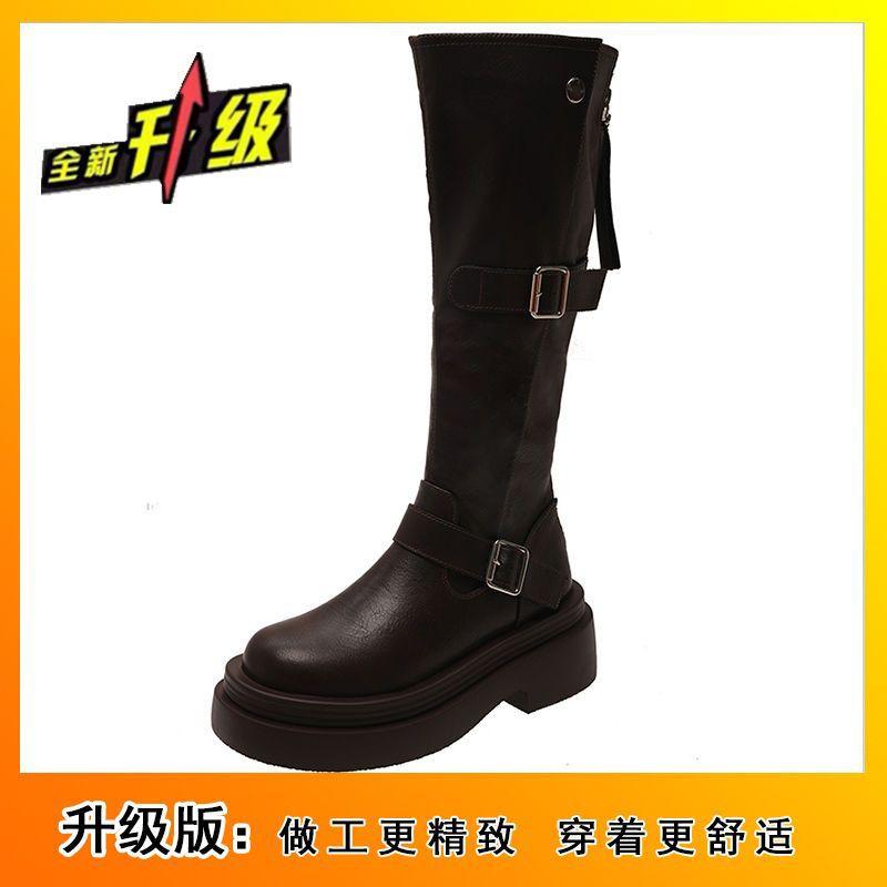 2025 New Autumn and Winter Thick Heel Thick Sole Thin Elastic Boots Tall Knight Boots Brown Small Boots Women
