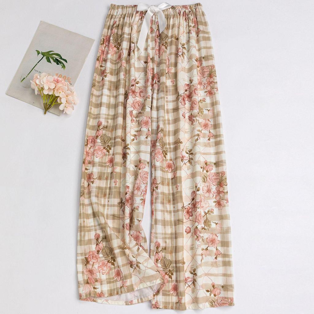 Women's Floral Cotton Silk Pajama Pants, Mosquito Repellent, Outdoor & Home Wear, Plus Size, Lightweight Summer Style.