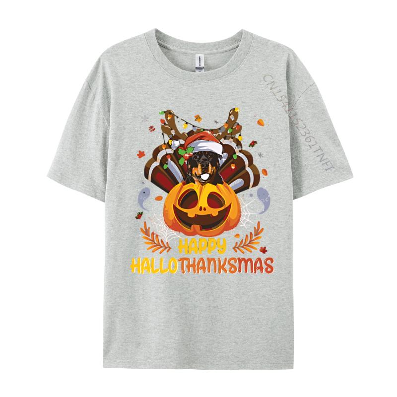 Rottweiler Happy Hallo Thanksmas Halloween Tshirt Vintage Cheerful Cotton Tshirts Blue And White Graphic T Shirts