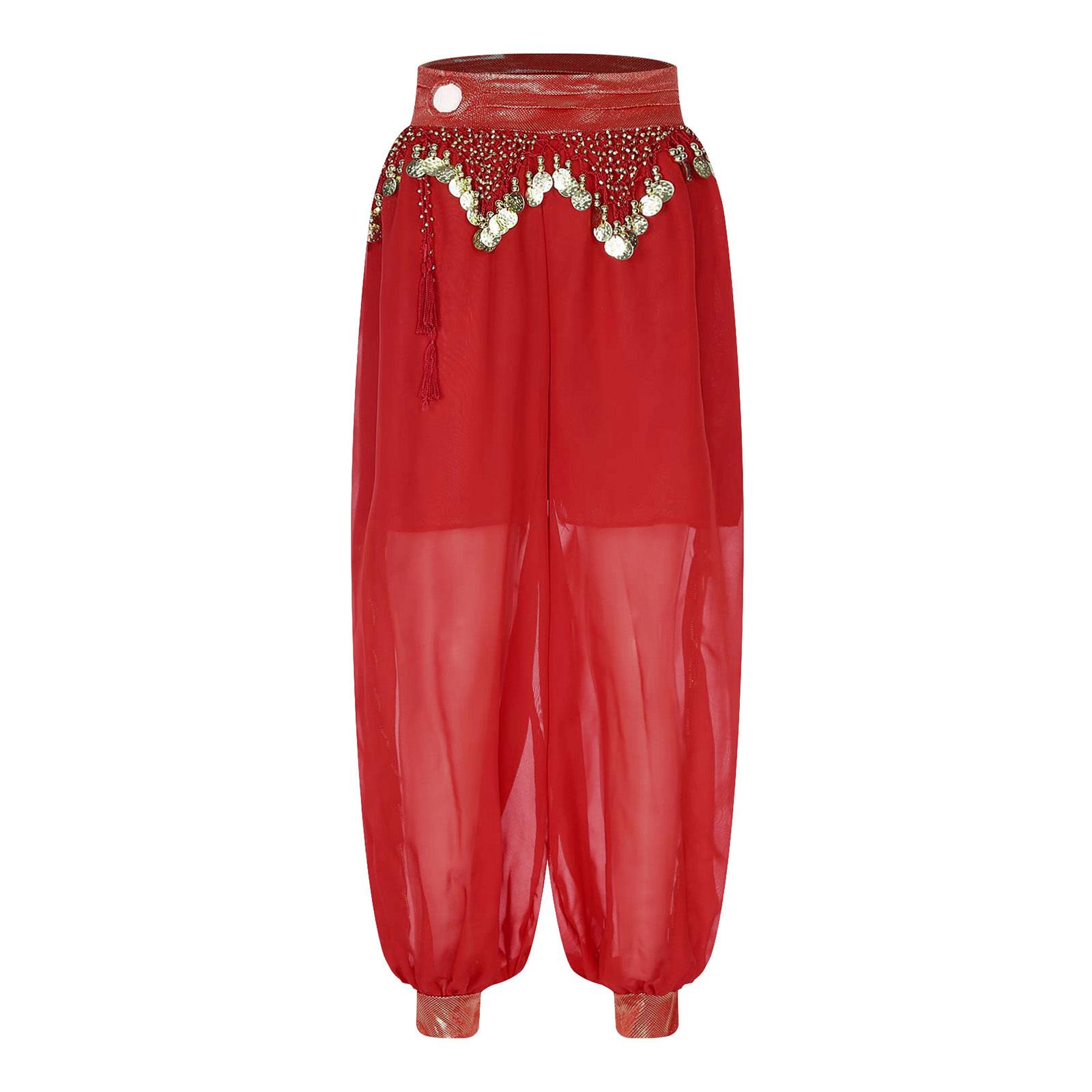 

Жіночий костюм для танцю живота, шифонові шаровари з бісером, китицями, металеві штани з рюшами, пояс збоку, розділені штани, карнавальний костюм для вечірки One Size