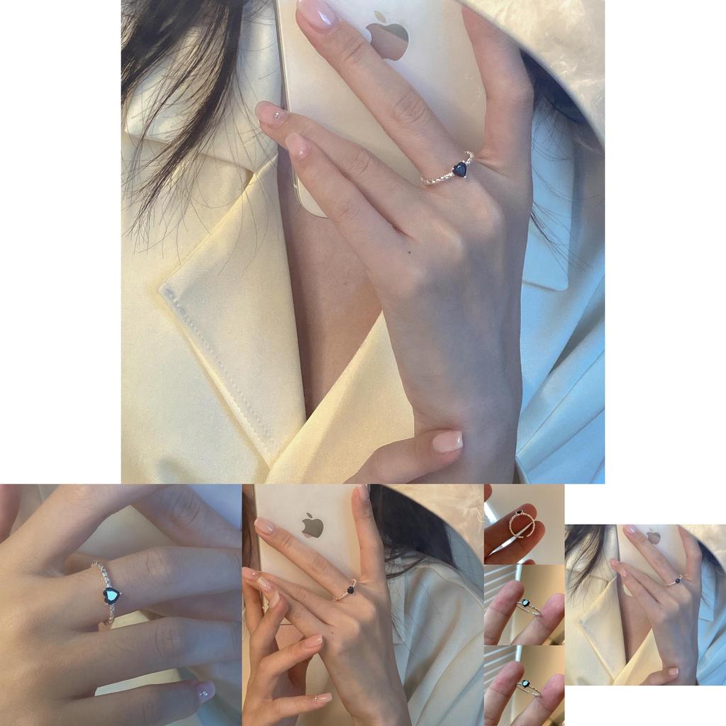 Elegant S925 Sterling Silver Heart-shaped Twisted Ring With Black Zirconia For Women