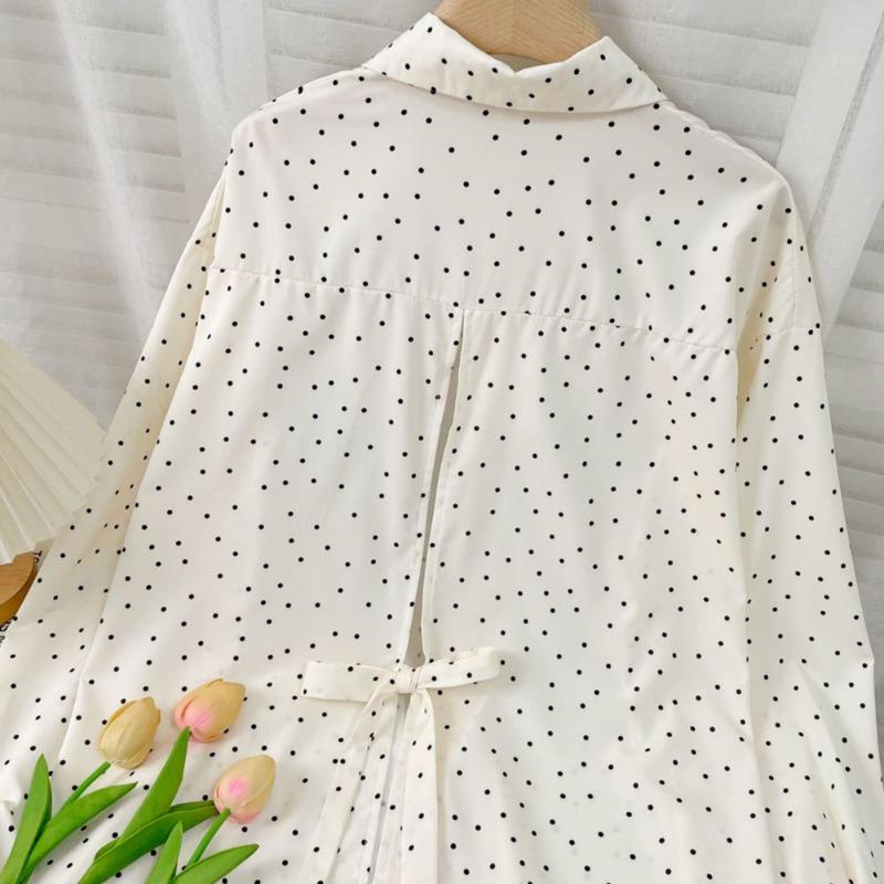 Women Loose Polka Dot Long Sleeve Lace Up Casual Sunscreen Shirt Blouse