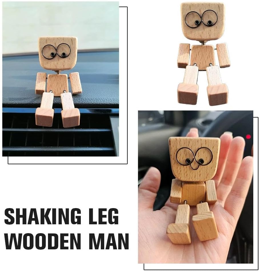 Shaking Wooden Man,Shaking Wooden Man Figurine for Car Dashboard, Handmade Shak Feet Woodens Doll,Funny Cars Ornaments with12PCS Magnetic Expressions