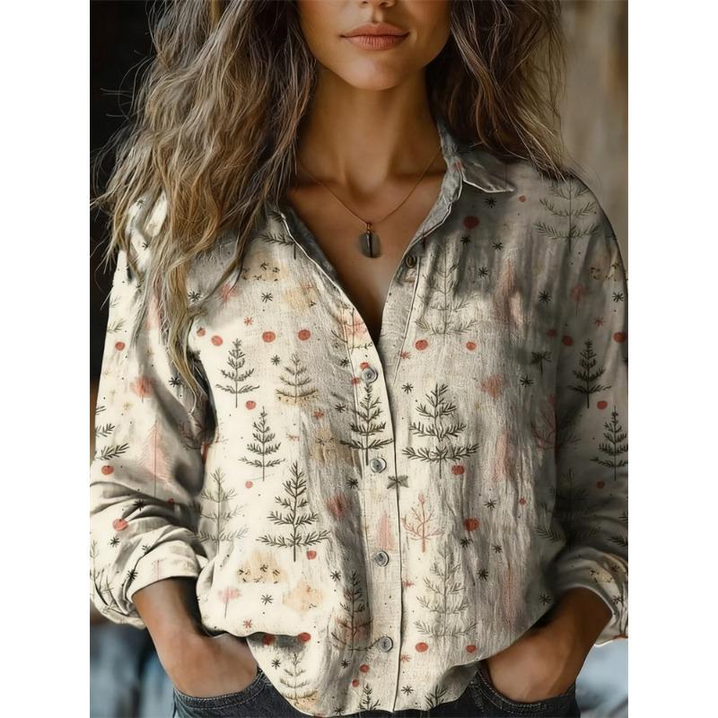 Christmas Style Women's Long-Sleeve Collared Breathable Shirt Relaxed Fit Plus Size Women's Christmas Party Top