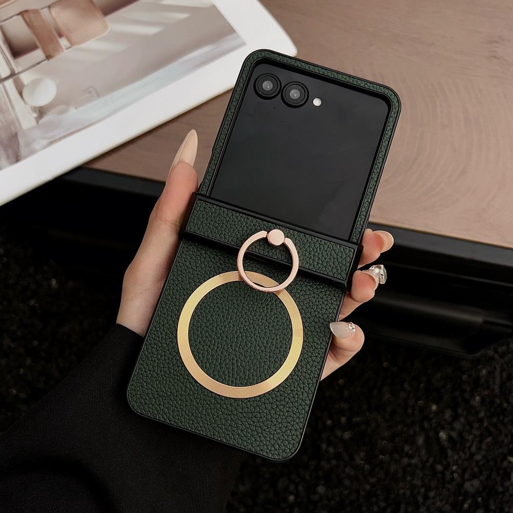 Lychee Plain Leather Metal Finger Ring and Magnetic Ring Case For Motorola Razr 60 Ultra razr60 Moto Razr 50 razr+ Cover