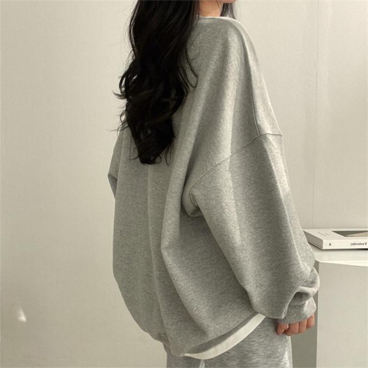 Korean Style Loose Two Piece Sweater Set Women Solid Color Versatile Padded Top Jacket for Spring and Autumn