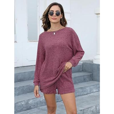 Herbst Damen Strickoberteil Shorts Set Langarm Shorts Lose Casual Homewear Set