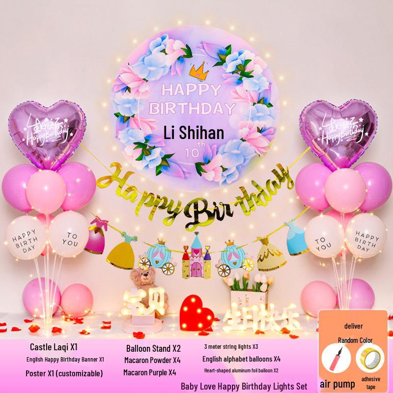 Happy Birthday Balloons for 7-8-Year-Old Girls - Home Party Decoration and Background Wall Decor