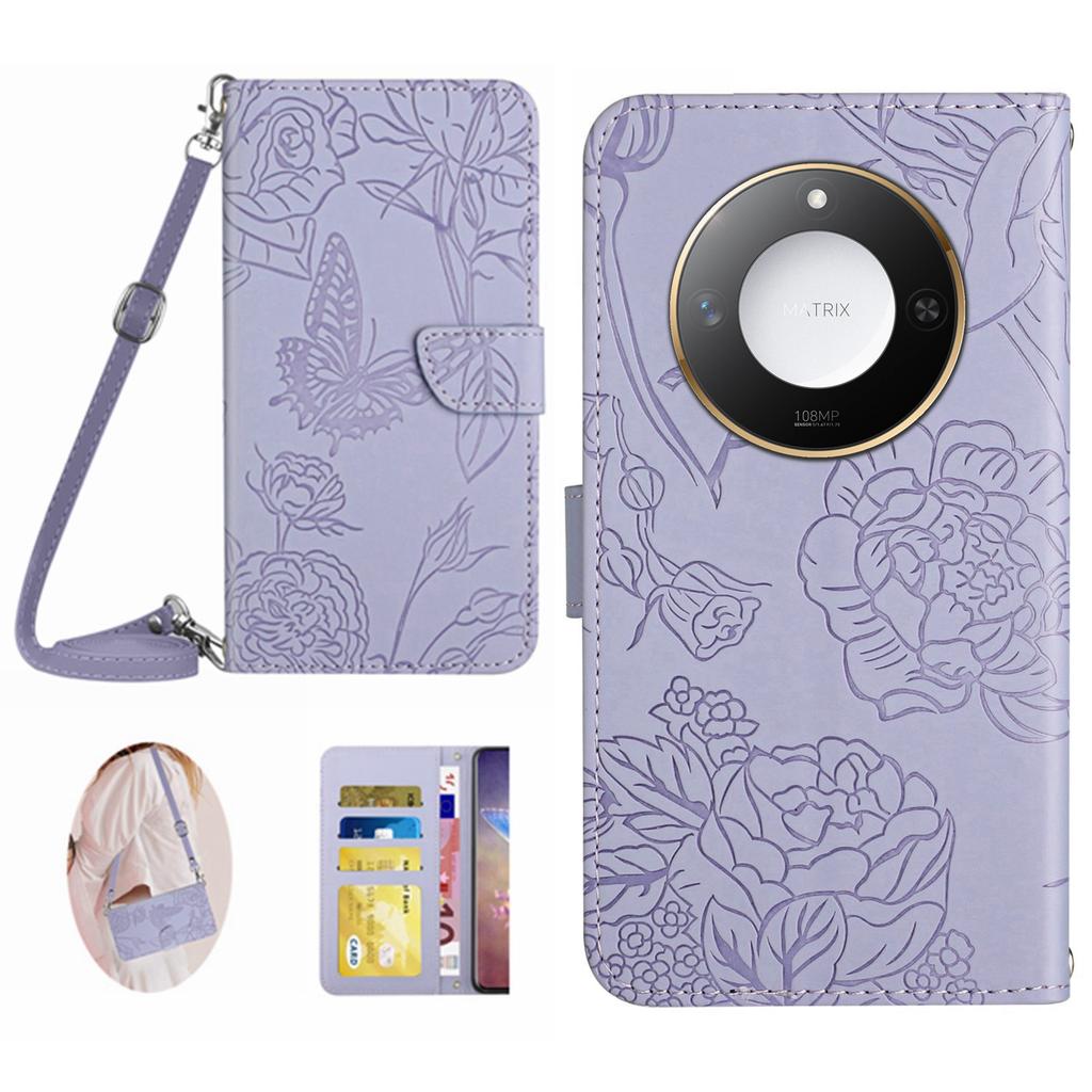 For Honor X9c Smart 5G Case Butterfly Flower Imprint Leather Phone Cover with Shoulder Strap