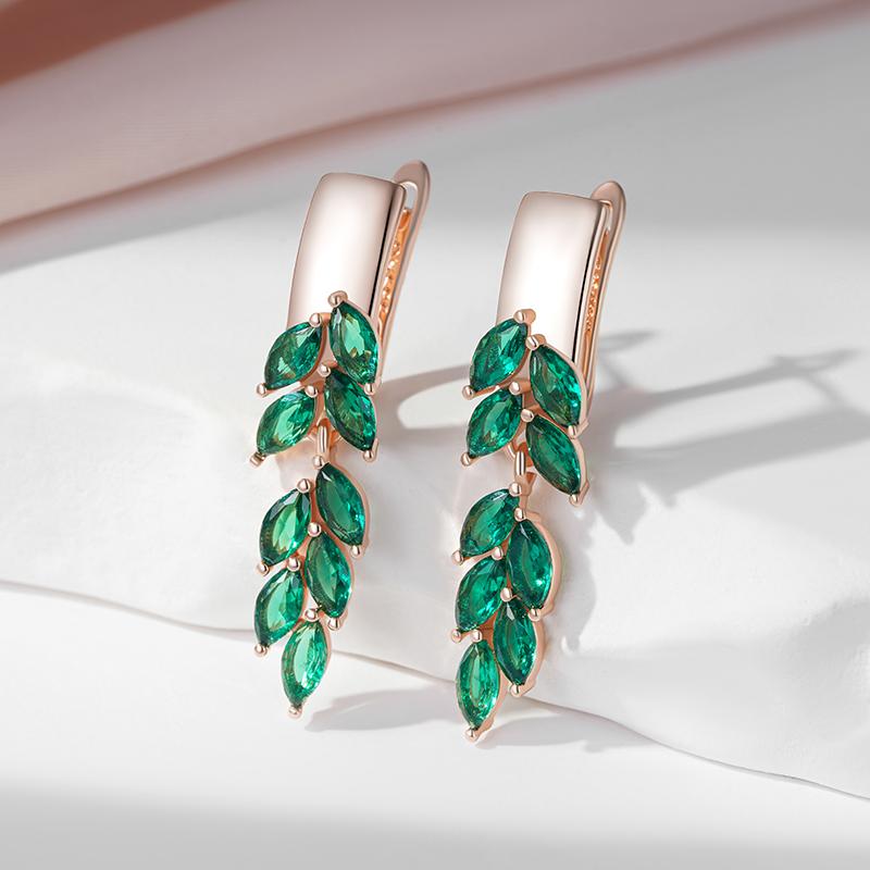 Green Leaf Zircon Dangle Earrings For Women Rose Gold Color Luxury Jewelry Gift Bride Wedding Earrings