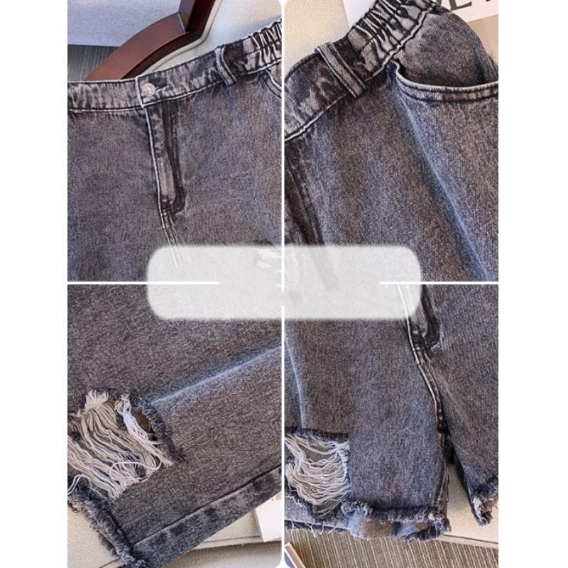 Women's Summer Large Size Design Raw Edge Denim Shorts Loose Washed Wide Leg Shorts
