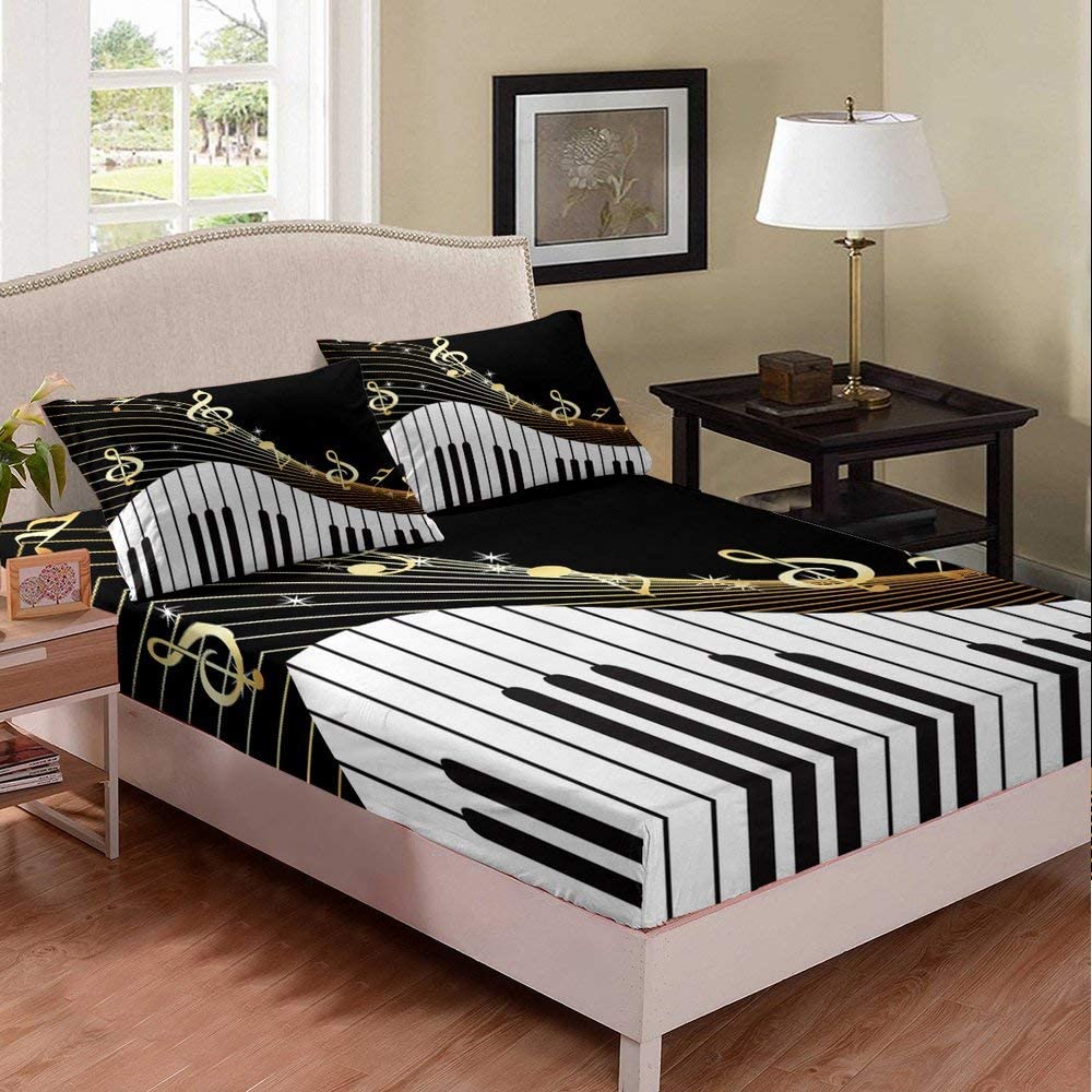 Music Notes Fitted Sheet & Pillow Sham Set Rock Music Themed Bedding Set Musical Pattern Bed Sheet Set Grunge Design Bed Cover