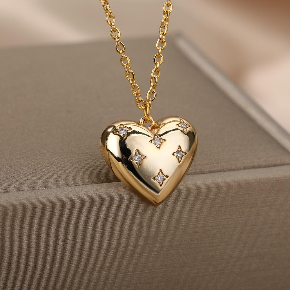 Zircon Four Pointed Star Necklace For Women Men Gold Color Heart Pendant Necklace Romantic Jewelry Collier Bijoux Femme