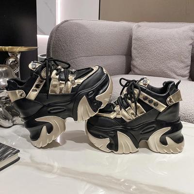 Fashion 10CM New 2024 Spring Women Chunky Sneakers Heels Lace-up High Platform Sports Shoes Woman Breathable Mesh Shoes Leather Sneakers
