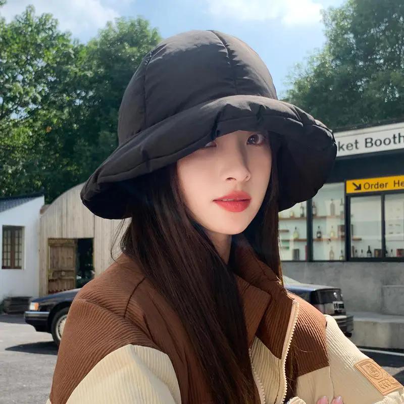 WTEMPO Couple Autumn Winter Down Cotton Bucket Hats Women Solid Color Warm Casual Hats Elegant Casual Versatile Hats