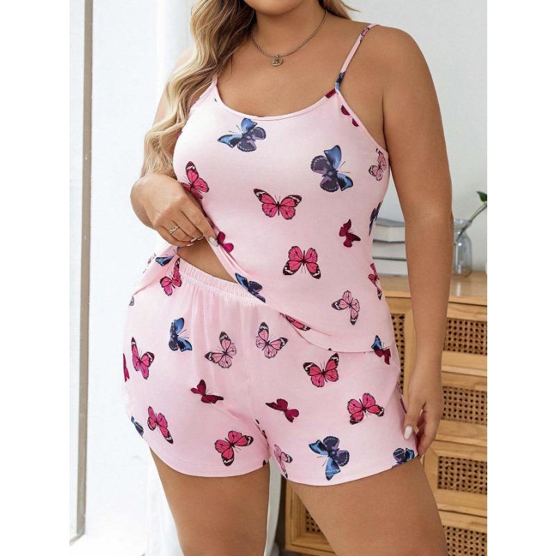 Summer Slim Butterfly Print Camisole Shorts Pajama Suit Plus Size Homewear