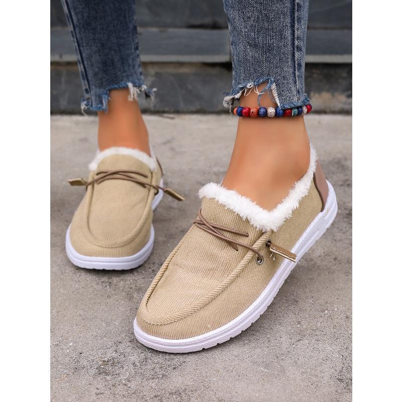 Women's Plus-Size Cotton Shoes - 5 Colors, Flat-Soled, Fleece-Lined, Thickened, Suede Upper, Fluffy Collar, Slip-On Warm Style