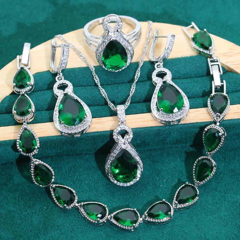 European and N Jewelry Anti Allergic Zircon Bracelet Necklace Earring Ring Full Diamond Jewelry Set