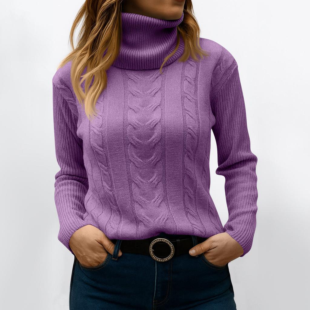 Women's Fashionable Solid Color High Neck Long Sleeved Sweater Pullover Sweater Top