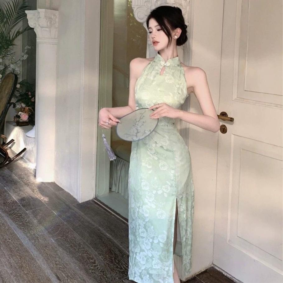 New Chinese Style Cool Green Improved Cheongsam Summer Sexy Style Sleeveless Dress Women