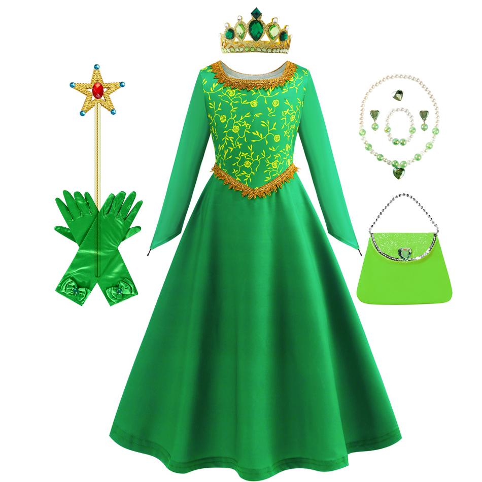 Robe Fiona Halloween Cosplay Shrek Robe Fantaisie Costume Princesse Verte Robe Élégante Enfants Manches Longues Robes Imprimées 7-8T (Tag 140) green