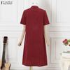 ZANZEA Women Casual Button Round Neck Short Sleeve Plaid Print Dress