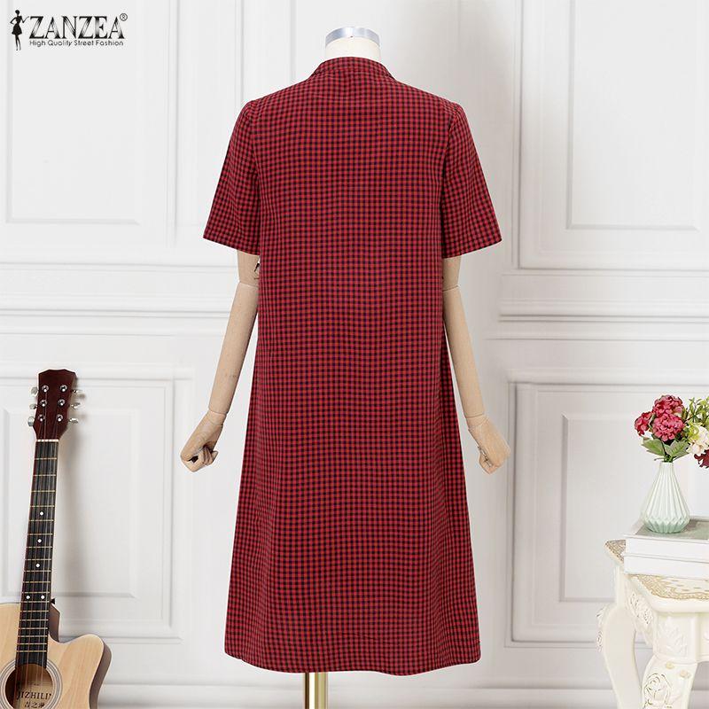 ZANZEA Women Casual Button Round Neck Short Sleeve Plaid Print Dress