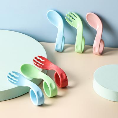 1 Set Offset Spoon Food Grade Adorable Appearance Adaptive Eating Aid Right Hand Learn Eat Baby Fork Spoon Set for Family