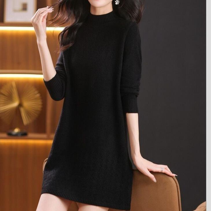 Half Turtleneck Knitted Sweater Solid Color Casual Sweater Dress for Women Mid-length Pullover for Women Sweater Autumn and Winter Inner Knitwear