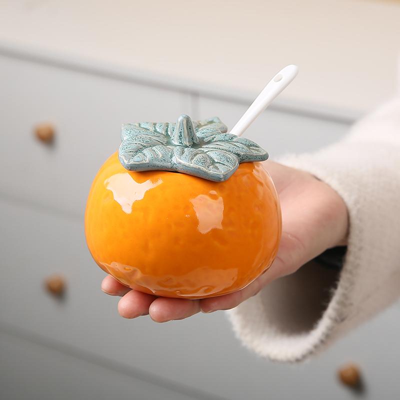 Ceramic Orange Seasoning Jar New Household 230ml Cerative Salt Shaker with Lid Scoop Exquisite High Aesthetic Kitchen Tableware