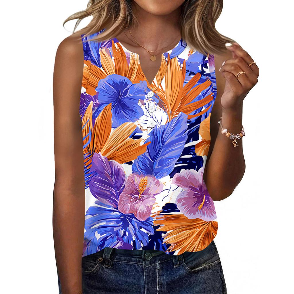 Women's Fashionable Casual Hawaiian Print Sleeveless Button Vest Top