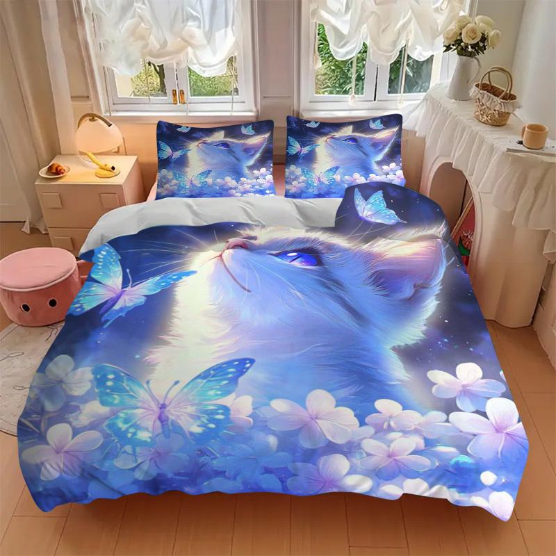 3pcs Anime Cat Butterfly Floral Bedding Set - Includes One Quilt Cover and Two Pillowcases (No Core) - Home Decor, Festival Gift, Polyester