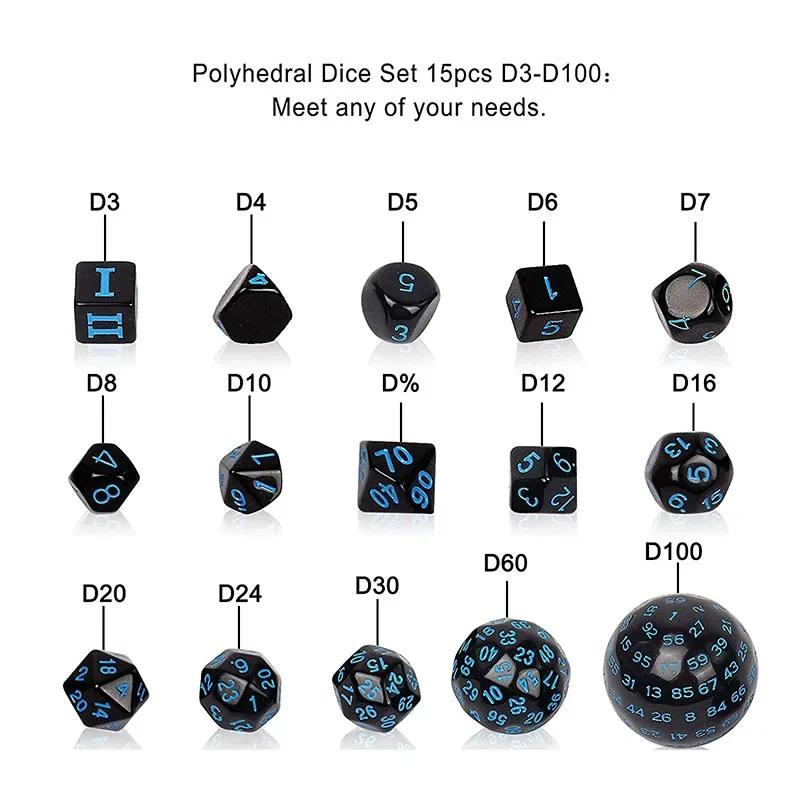 15 Piece Multiple Digit Face Opaque Black Polyhedral Dice Set for RPG D3 D4 D5 D6 D7 D8 D10 D12 D16 D20 D24 D30 D60 D100