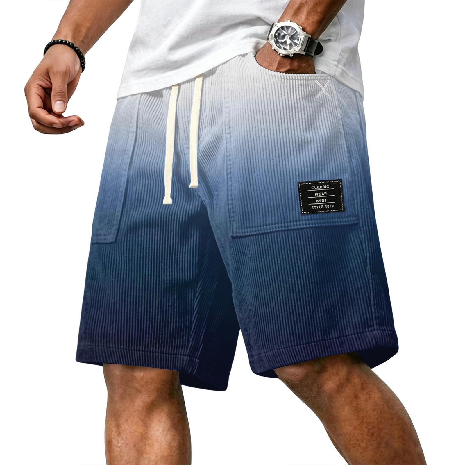 

Men s Casual Corduroy Drawstring Shorts Gradient Style with Letter Patch Classic Wear Comfortable Fit S синий