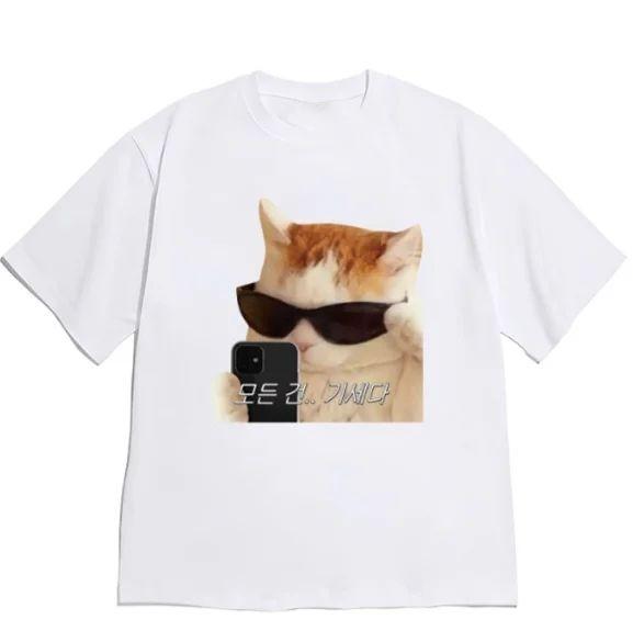 Funny Streetwear Neutral Style Cool Cat Selfie T Shirt Korean Text Meme Print Short Sleeve O Neck Soft Washable Tops Unisex
