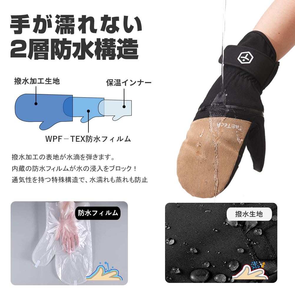 TaoTech Corduroy Zip Mittens for Snowboarding, Diagonal Closure, Wrist Guards, and Ski Gloves for Men and Women with Protective Inner (Large, Blue)