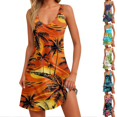 Vestido Camiseta Casual de Verano para Mujer con Estampado Hawaiano y Bolsillo