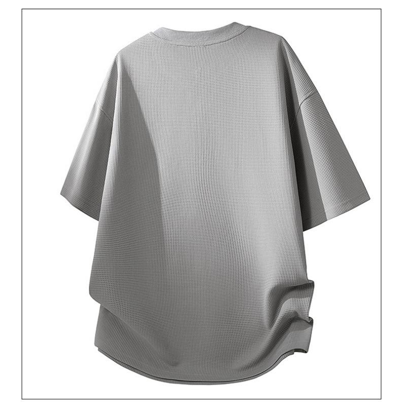 Men's Gray Waffle Knit Half Zip T-Shirt - Oversized Casual Short Sleeve Henley Top