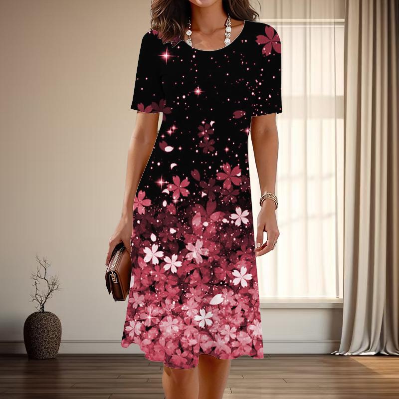 

Женская мода изящный красивый цветочный принт лето весна короткий рукав О-образный вырез повседневные платья XS красный