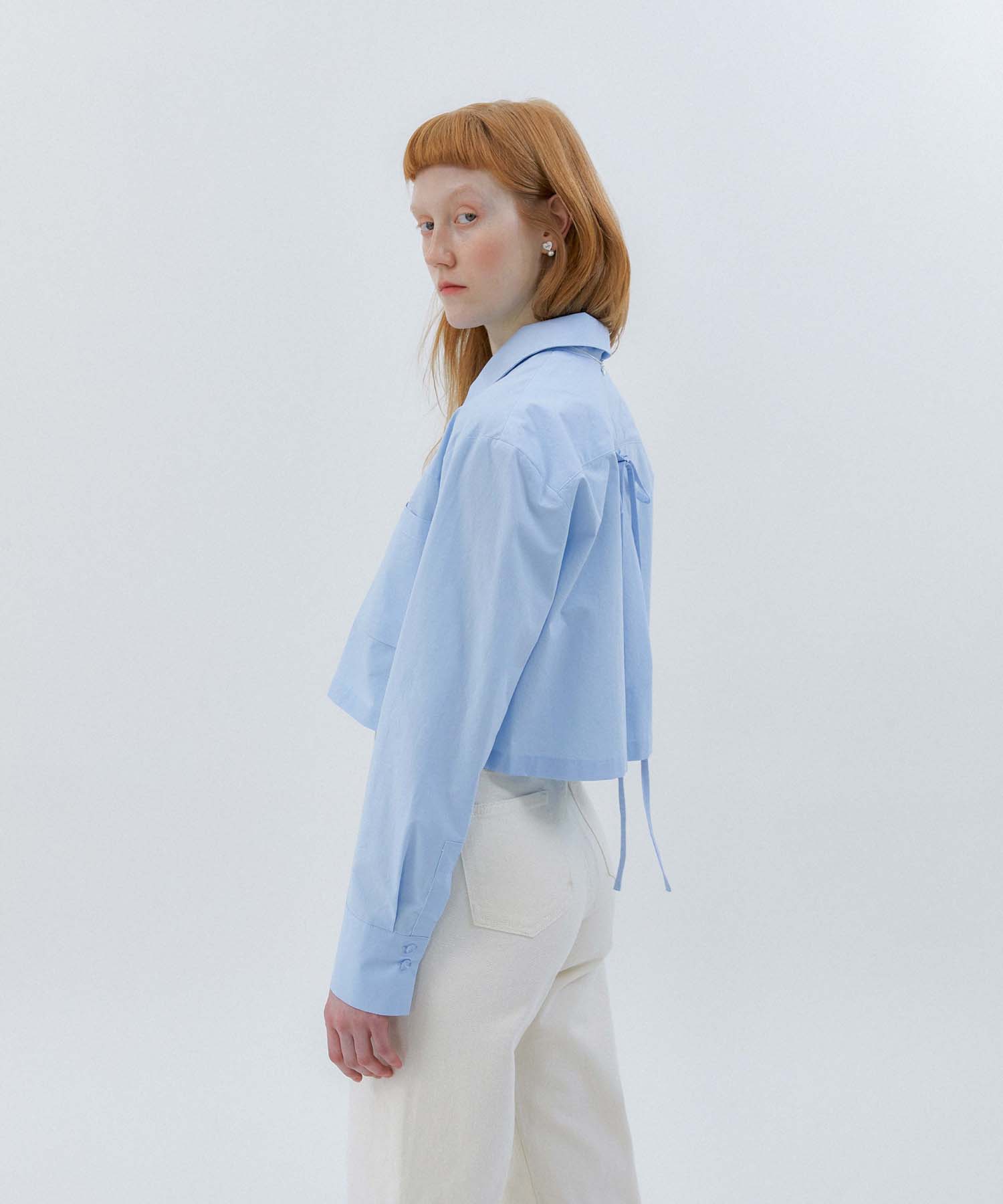 Modern Able Back Ribbon Point Crop Cotton Shirt - Sky Blue Free