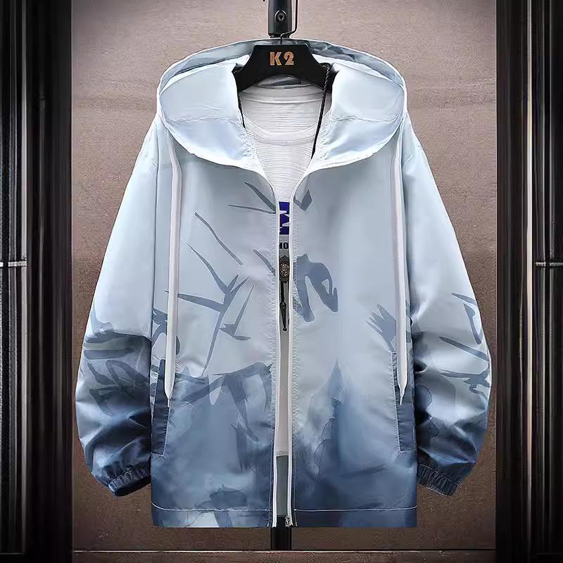 Men's Hooded Ice Silk Cooling Jacket - Chinese Style Print, Lightweight & Breathable Sun Protection