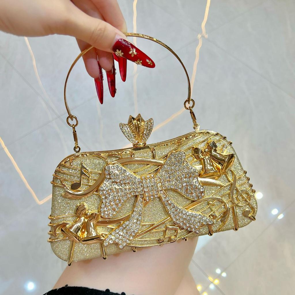 Fashion Musical Note Evening Clutch Purse Luxury Glitter Ladies Bow Design Diamond Studded Handbag Wedding Bridal Crossbody Bags