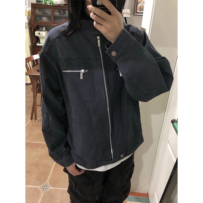 Unisex Washed Canvas Harrington Jacket with Multi-Pocket Stand Collar