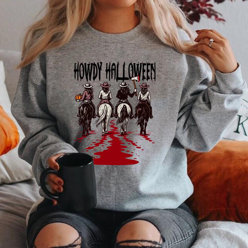 Howdy Halloween Sweatshirt Western Halloween Girls Hoodie Casual Long Sleeve Women Crewneck Sweatshirt Funny Cowgirl Pullovers