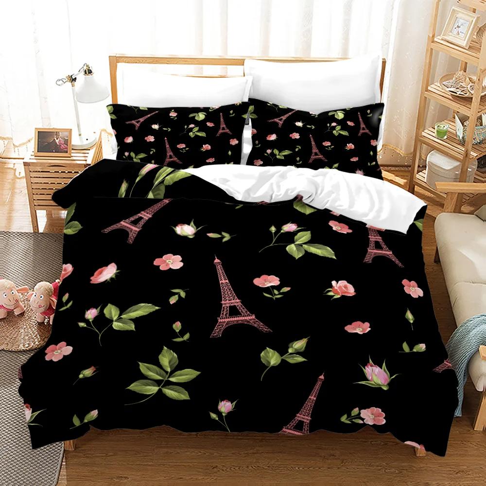 Flowers Queen Bedding Set 3D Print Singlesided Printed Comforter Plant Leaves Romantic and Warm Duvet Bedding Cover For Girls