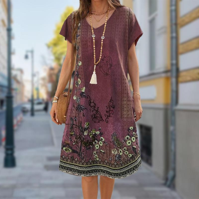 

Летняя мода Женское платье с V-образным вырезом и коротким рукавом в стиле ретро с принтом Сексуальное короткое платье-юбка 2XL розовый