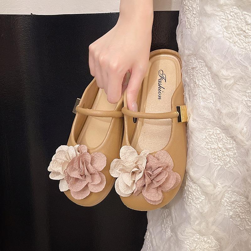 New Lazy Flat Bottom Versatile Fashion Half Pack Summer Wear Flower Baotou Cool Slippers Women's