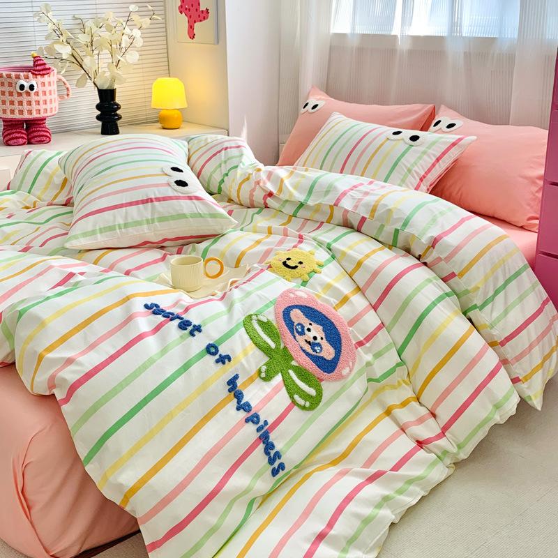 Washed Pure Cotton 4Pcs Set Cotton Towel Embroidered Quilt Cover Soft Skin-Friendly Bed Sheet Mattress